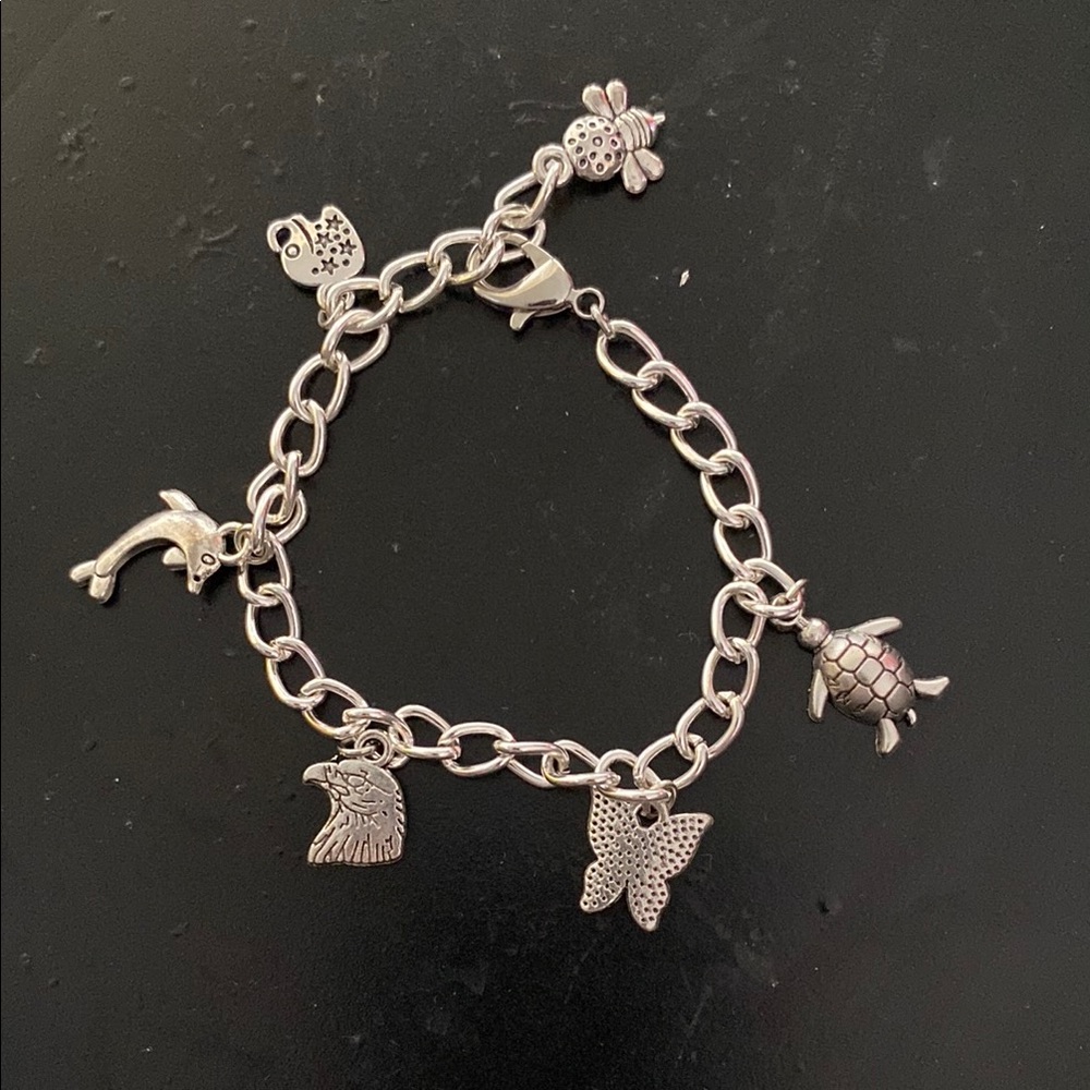 Silver Charm Bracelet with Animal Pendants Hand Crafted